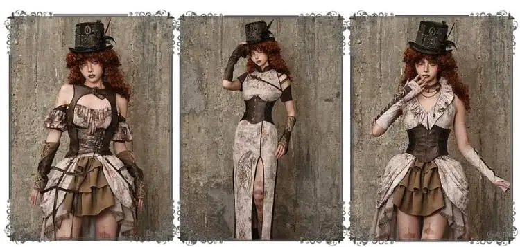 Steampunk Tie-Dye Dragon Embroidered Cheongsam Dress with Slit Hem for Halloween Cosplay Party view 5