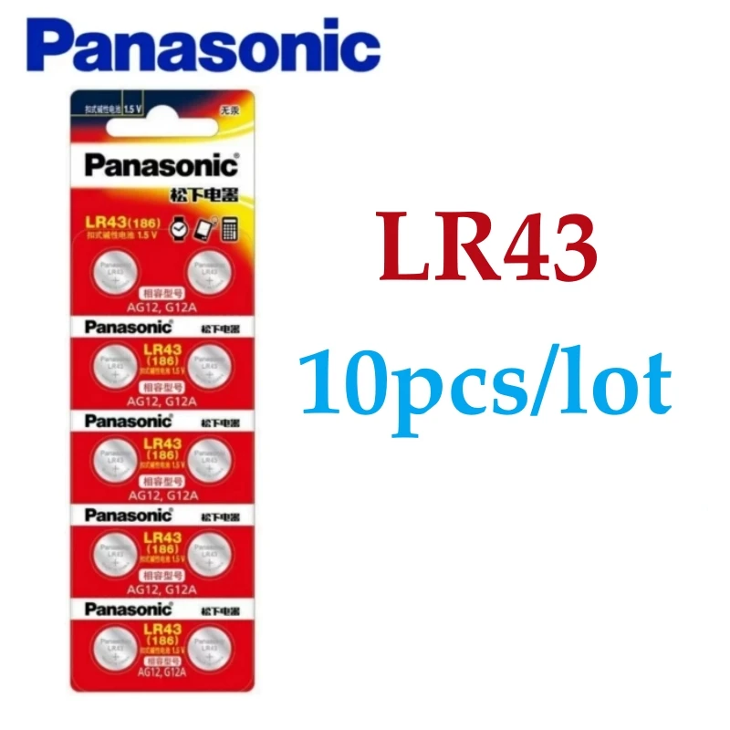 10pcs Panasonic LR43 186 AG12 386 SR1142 LR1142 SR43 301 V12GA 1.5V Alkaline Button Cell Battery For Watch Calculator