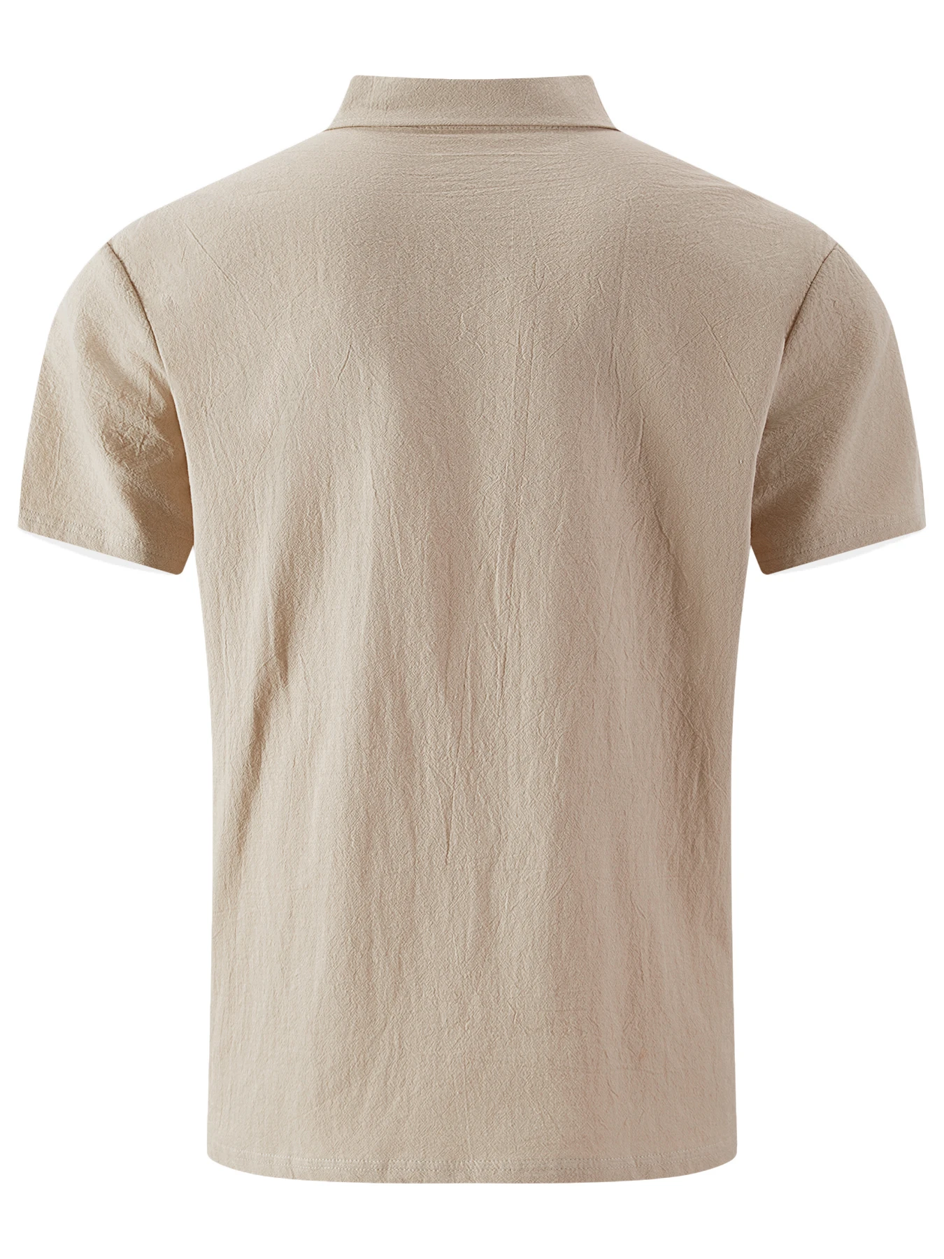 Herren-Poloshirt aus Baumwolle und Leinen, kurzärmelig, Brusttasche mit einem Knopf, Dreiknopfkragen, lässiges Hemd, atmungsaktiv, für den Sommer – Detail 10