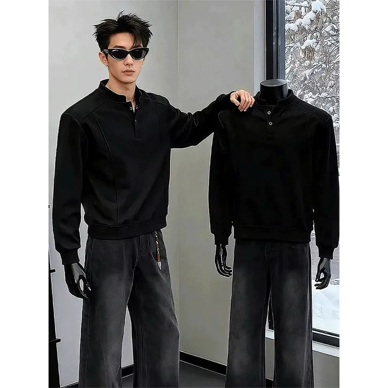 

Black Men's Henley Collar Sweatshirt, Thickened For Spring And Autumn, American-Style Deconstructed Regular Shoulder Polo Shirt,