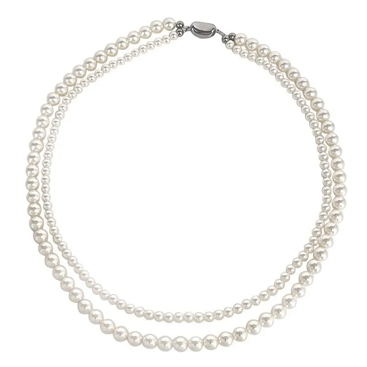 Shijia strong light is round imported artificial pearl double layer stacked necklace fever collarbone chain