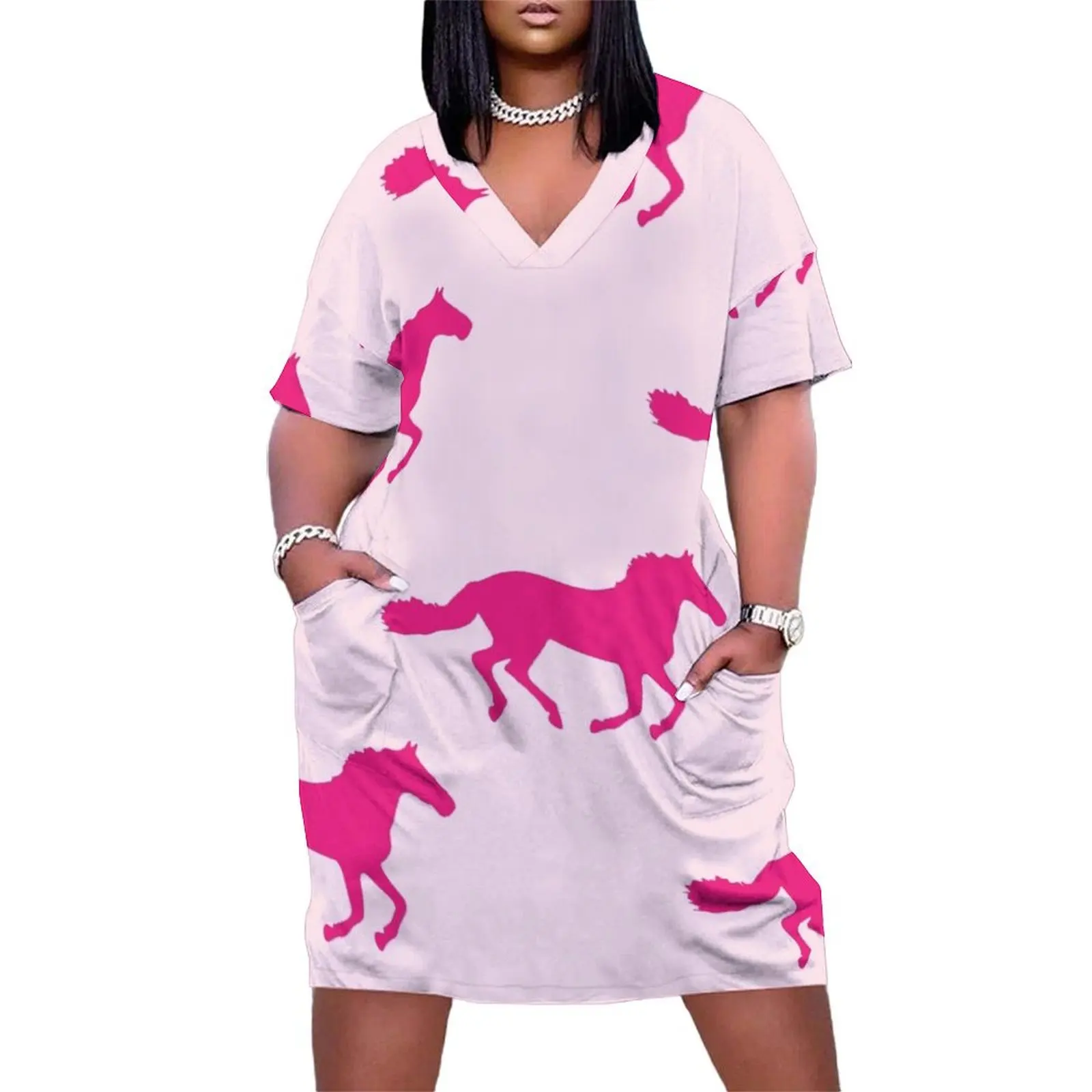 

PINK GALLOPING HORSES Pop Art Loose Pocket Dress luxury woman party dress evening dresses women party dresses woman summer dress