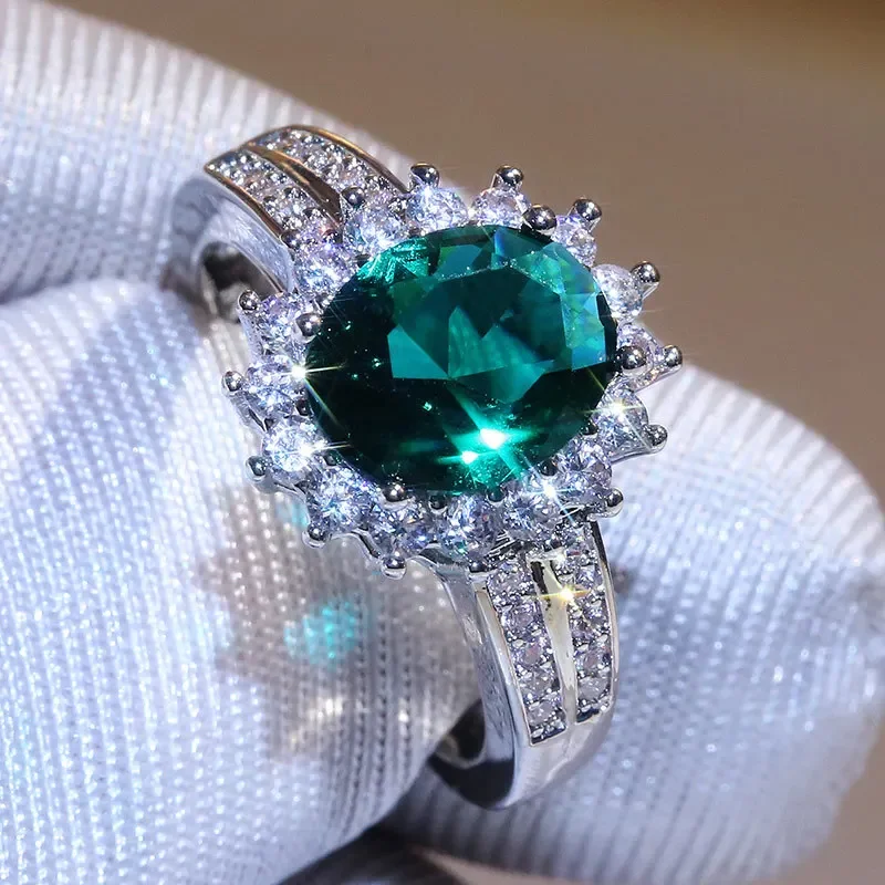 

Luxury Green Crystal Ring Princess Crown Halo Engagement Wedding Rings Cubic Zircon Sterling Silver Color Rings For Women