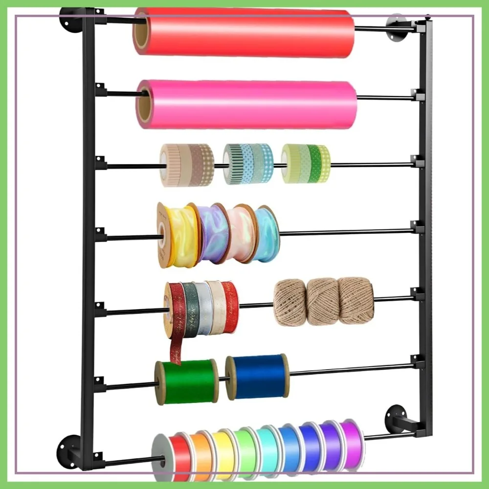 

7 Tier Wall Mounted Ribbon Storage Organizer, Metal Rack for Craft Room, Scarf Tie Belt Towel - Black
