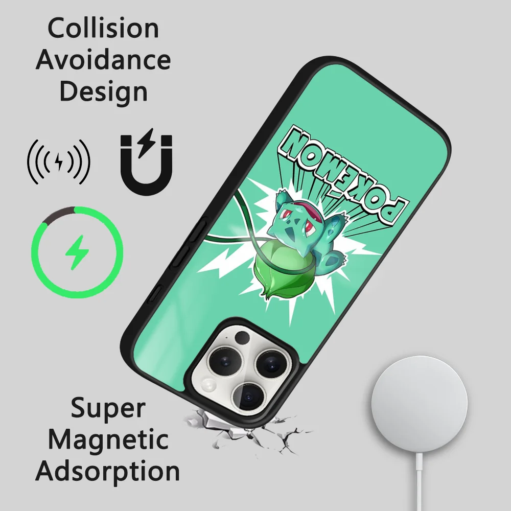 Anime Pokemon Bulbasaur Magsafe Handyhülle für iPhone 15 14 13 12 11 Pro Max Plus Mini Celulares Spiegel Wireless Magnetic Cover