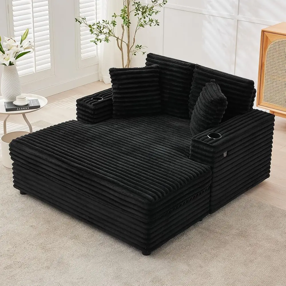 

60 Oversized Corduroy Chaise Lounge Chair with Charging Station, Storage Compartments & Cup Holders for Indoor Living or Movie R