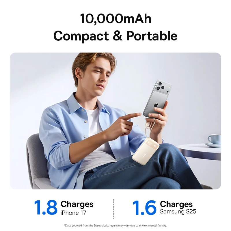 Baseus 45W Power Bank 10000mAh 20000mAh Wbudowany podwójny kabel USB-C Szybkie ładowanie dla iPhone 17 16 Pro Max Samsung S25 Xiaomi Poco — zdjęcie produktu 5