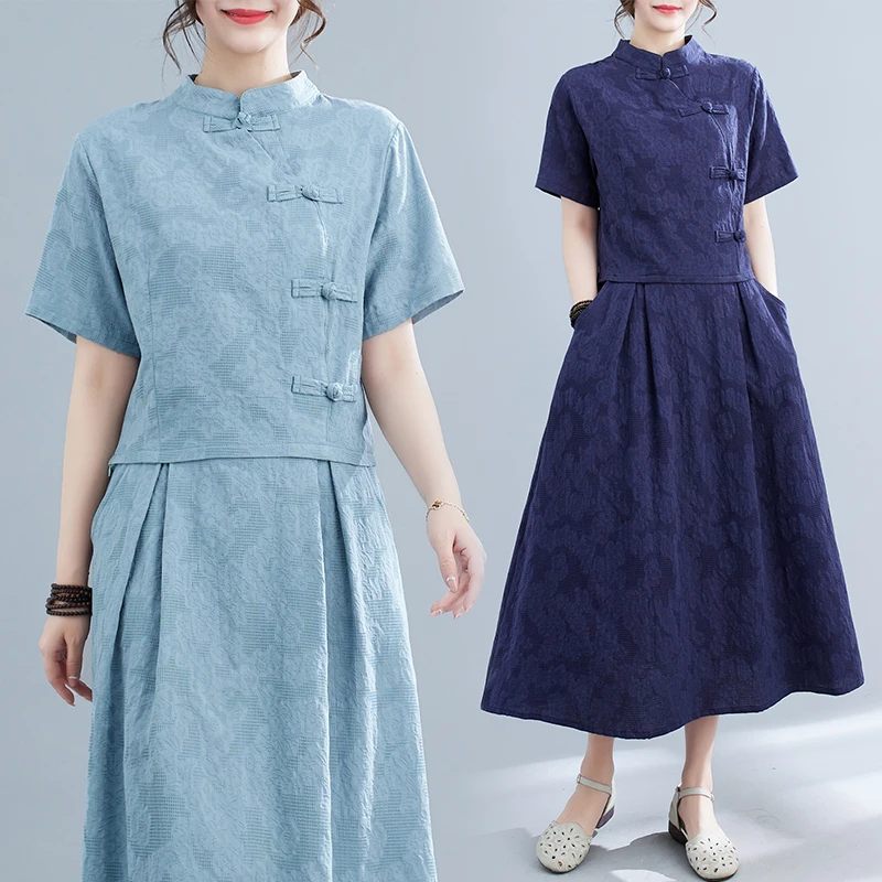 Faionable Cotton Linen Embroidered Button Stand Collar Tang Suit Top High Waist  Skirt National Sle Two Piece Set Summer