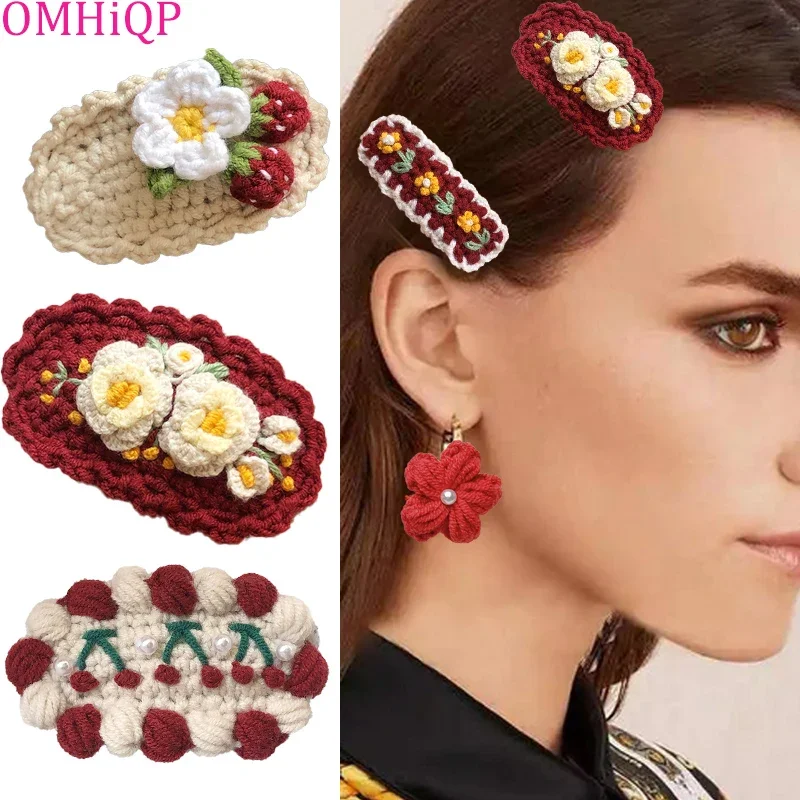 1 Pcs Pure Handmade Red Woolen Knitted Bow Hairpin Bangs Clip Girl Flower BB Clip Side Barrettes Hair Accessories