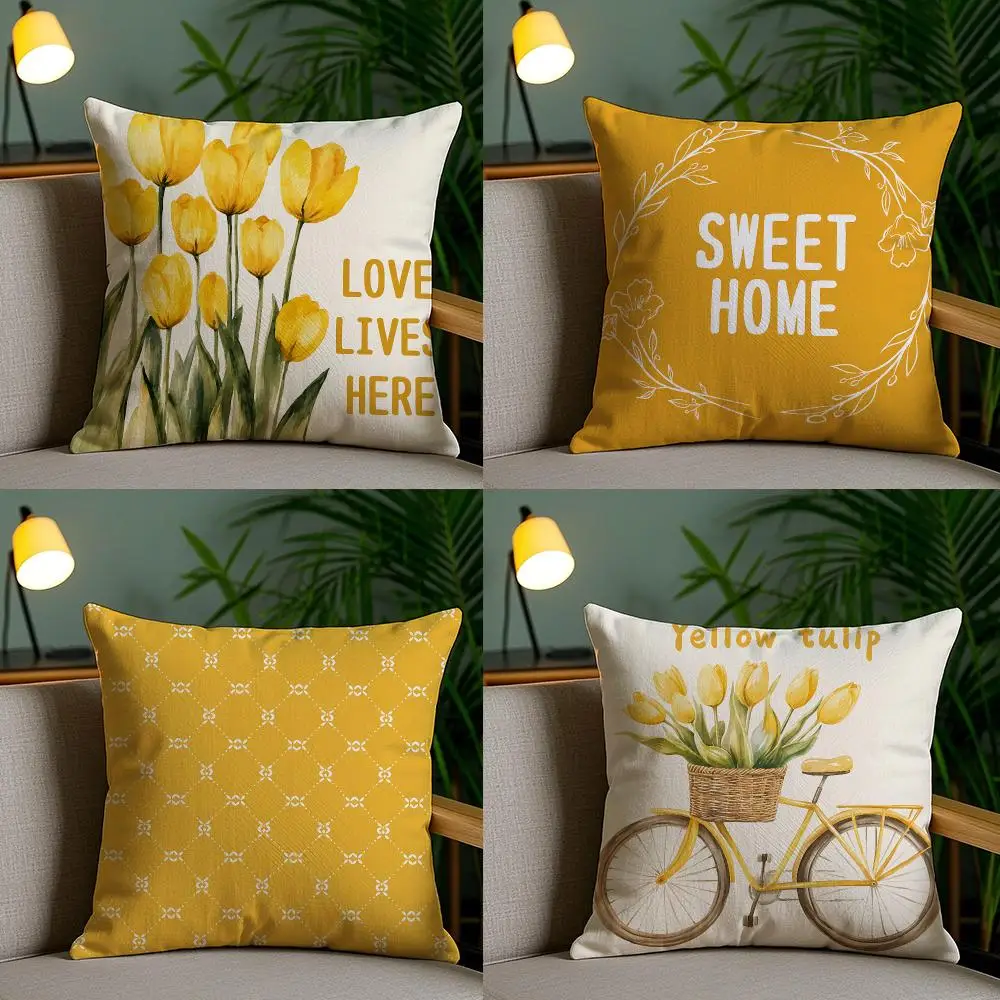 4PC Warm Yellow Tulips Cushion Cover Soft Plush Double-Sided Print Pillow Case Home Decor for Sofa Living Room Gift