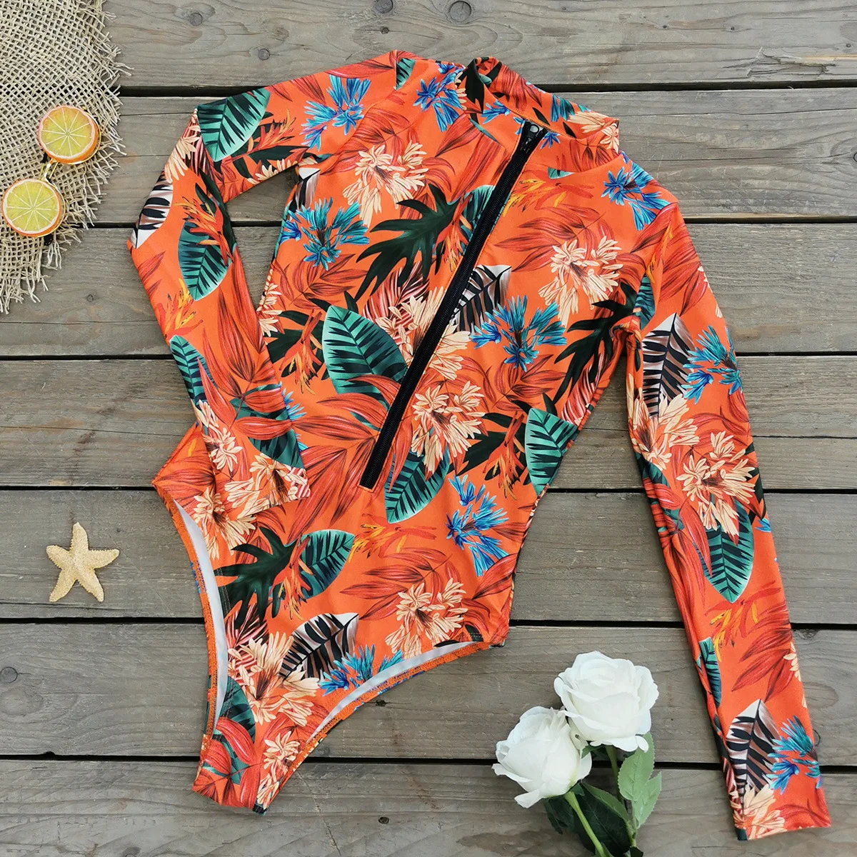 MUOLUX One Piece Swimsuit Long Sleeve Zip Front One Piece Surf Swimsuit and Sarong Swimwear Slimming Bathing Suit Beach Wear