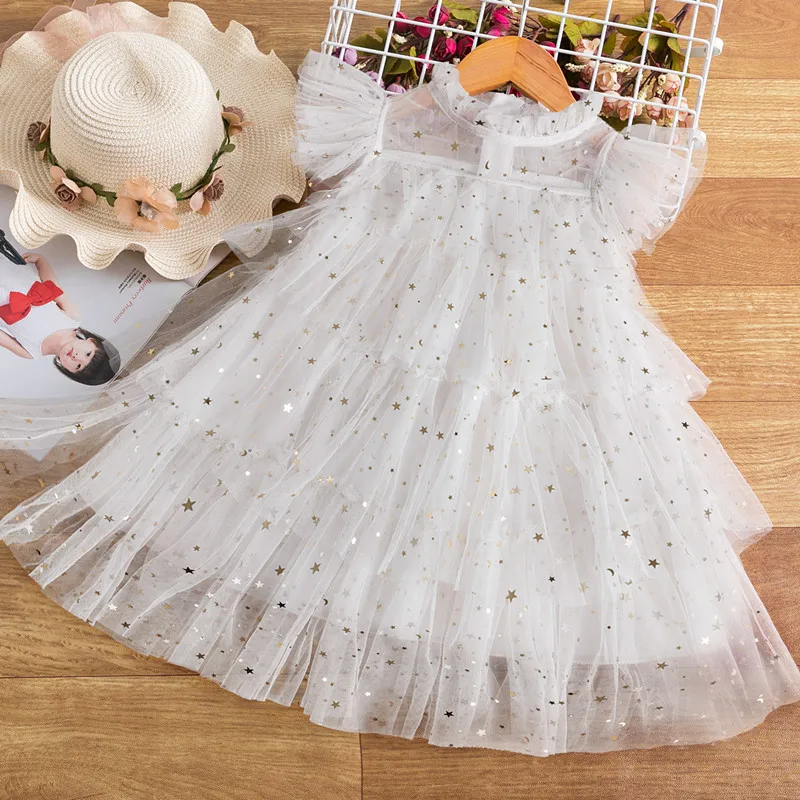 Fashion Girls Party Dress Summer Tulle Shiny Sequins Child Clothes 2024 New Fashion Girl Birthday Princess Dress for 3-8Y Kids