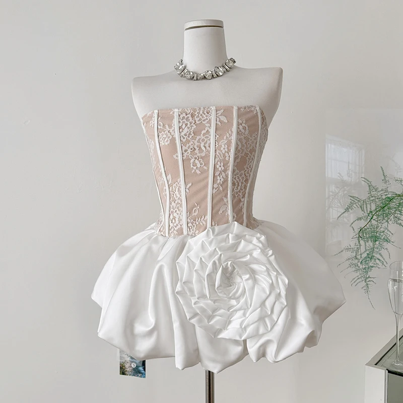 Słodka sukienka mini z koronką 3D w kształcie róży dla kobiet, bez rękawów, z wysokim stanem, z fiszbinami, bufiaste rękawy, haftowana koronka, satynowa sukienka w kwiaty.