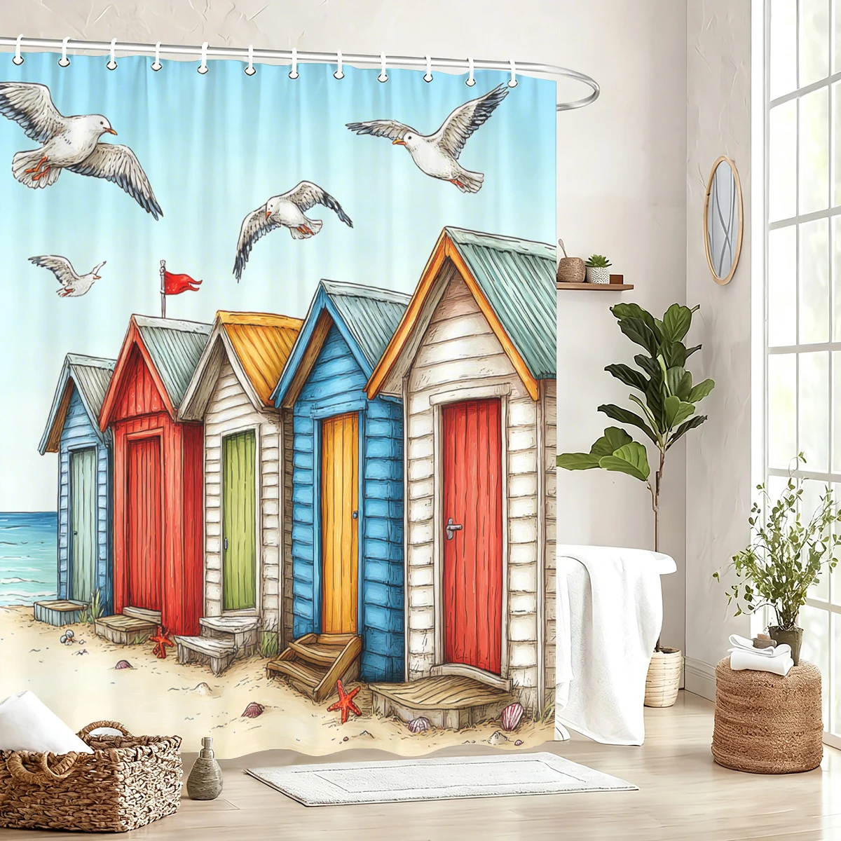 

Vibrant Beach Hut & Seagull Pattern Polyester Shower Curtain - Nautical Style Bathroom Decor Fabric