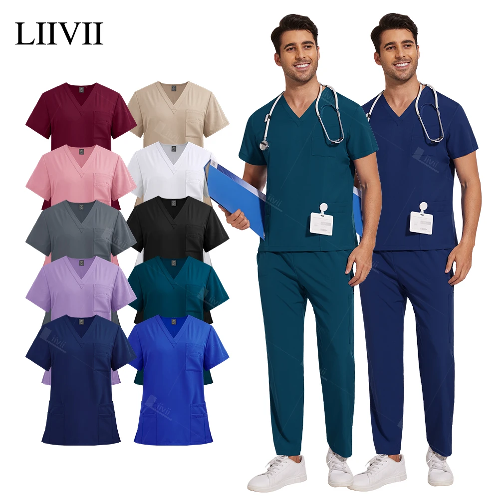 Scrubs Medische Uniformen Vrouwen Mannen Korte Mouwen V-Hals Zak Kleding Dokter T-Shirt Top Rechte Broek Tandarts Chirurgische Uniformen