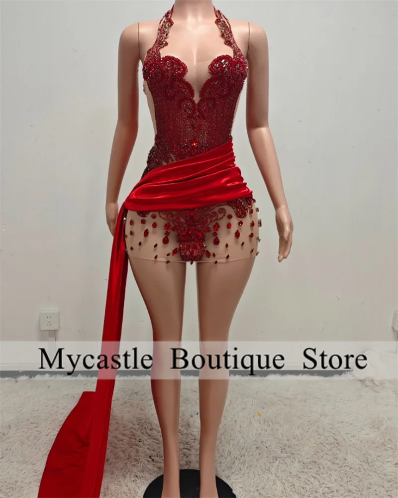 فستان حفلة موسيقية قصير مرصع بالألماس الأحمر اللامع للفتيات السود فساتين حفلات أعياد الميلاد كريستال مطرز مع فستان كوكتيل ذيل مخصص #2