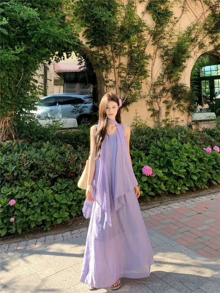 

Summer Women Two Piece Set Resort Style French Tie Irregular Vest Spaghetti Strap Dress Outfit