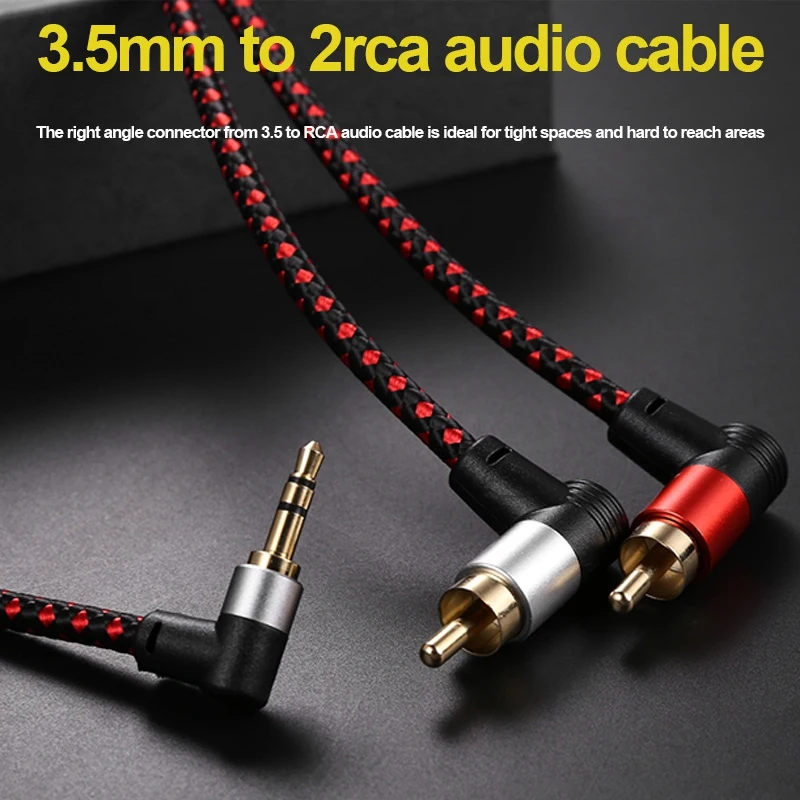 90 Degree 3.5mm Male to 2 RCA Male Cable Right Angle Stereo AUX Y Splitter Cord Microphone Jack Plug for Laptop 2M