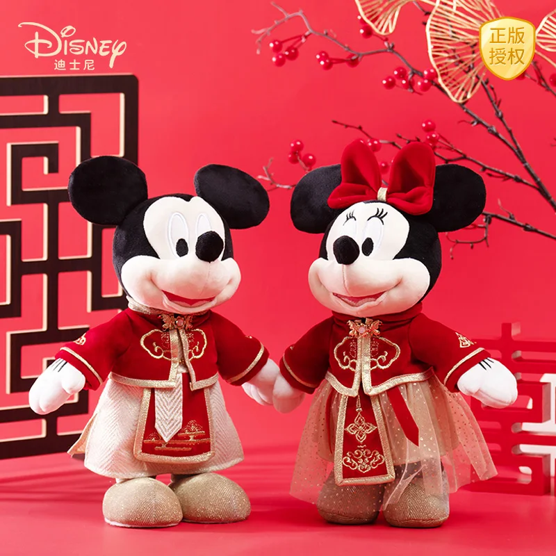 2024 New Disney Mickey Minnie wedding doll Chinese style wedding plush doll bed doll a pair of ornaments gift