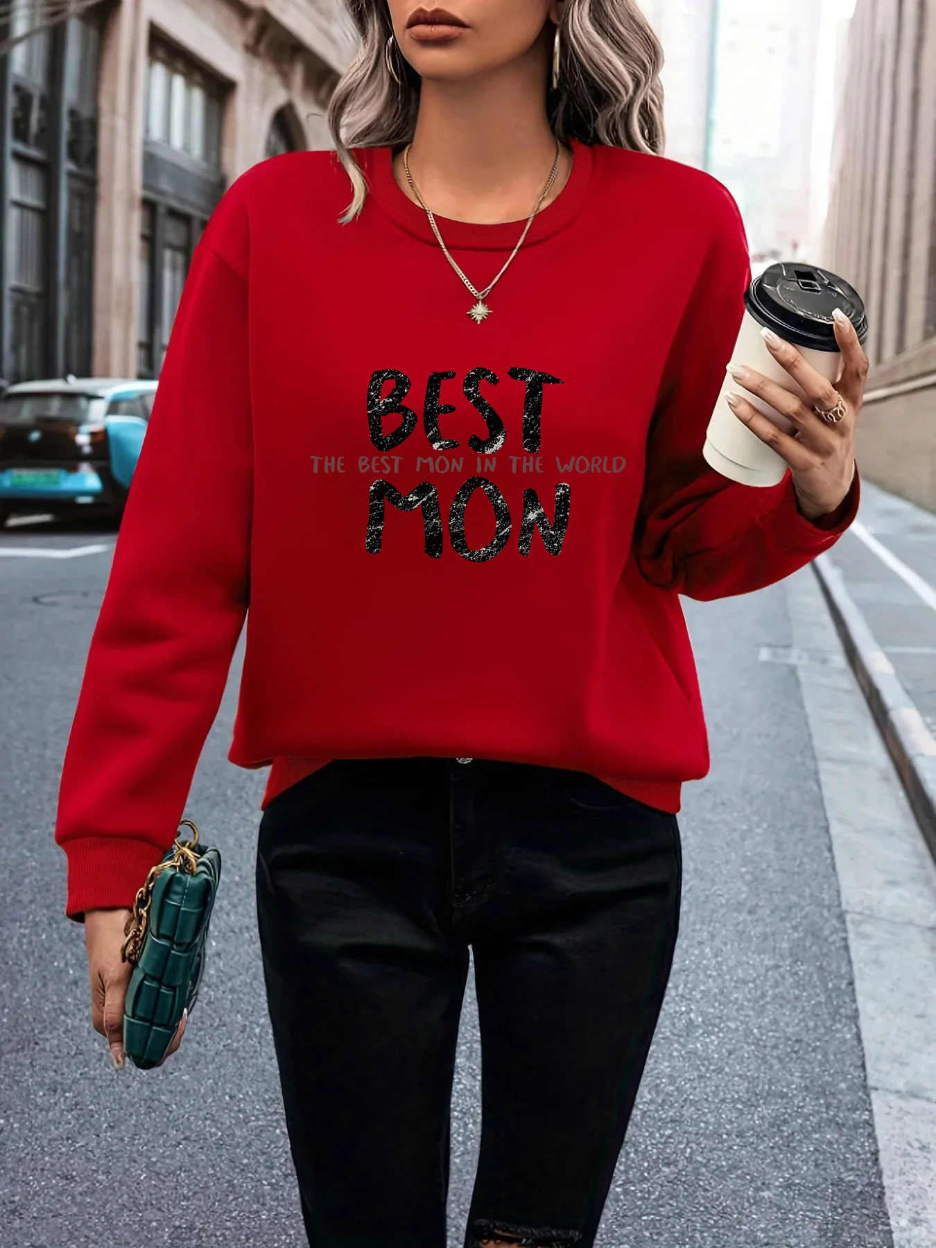 Multi-coloured text design print simple trend red hoodless comfortable sweater, high end tops fashion women\'s clothing