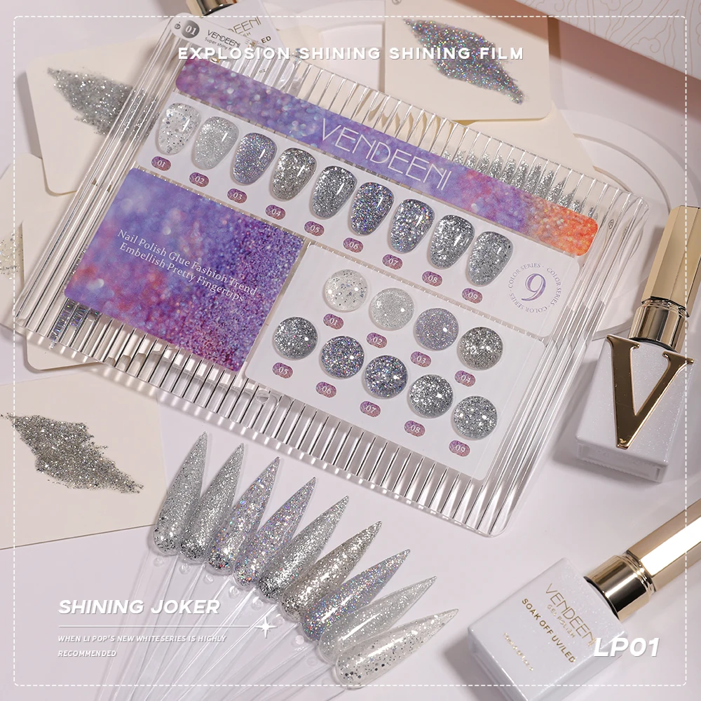 Vendeeni 9 ألوان/مجموعة بريق الفضة الترتر هلام طلاء الأظافر الأشعة فوق البنفسجية عاكسة شظايا معدنية مانيكير مسمار الورنيش مع بطاقة اللون