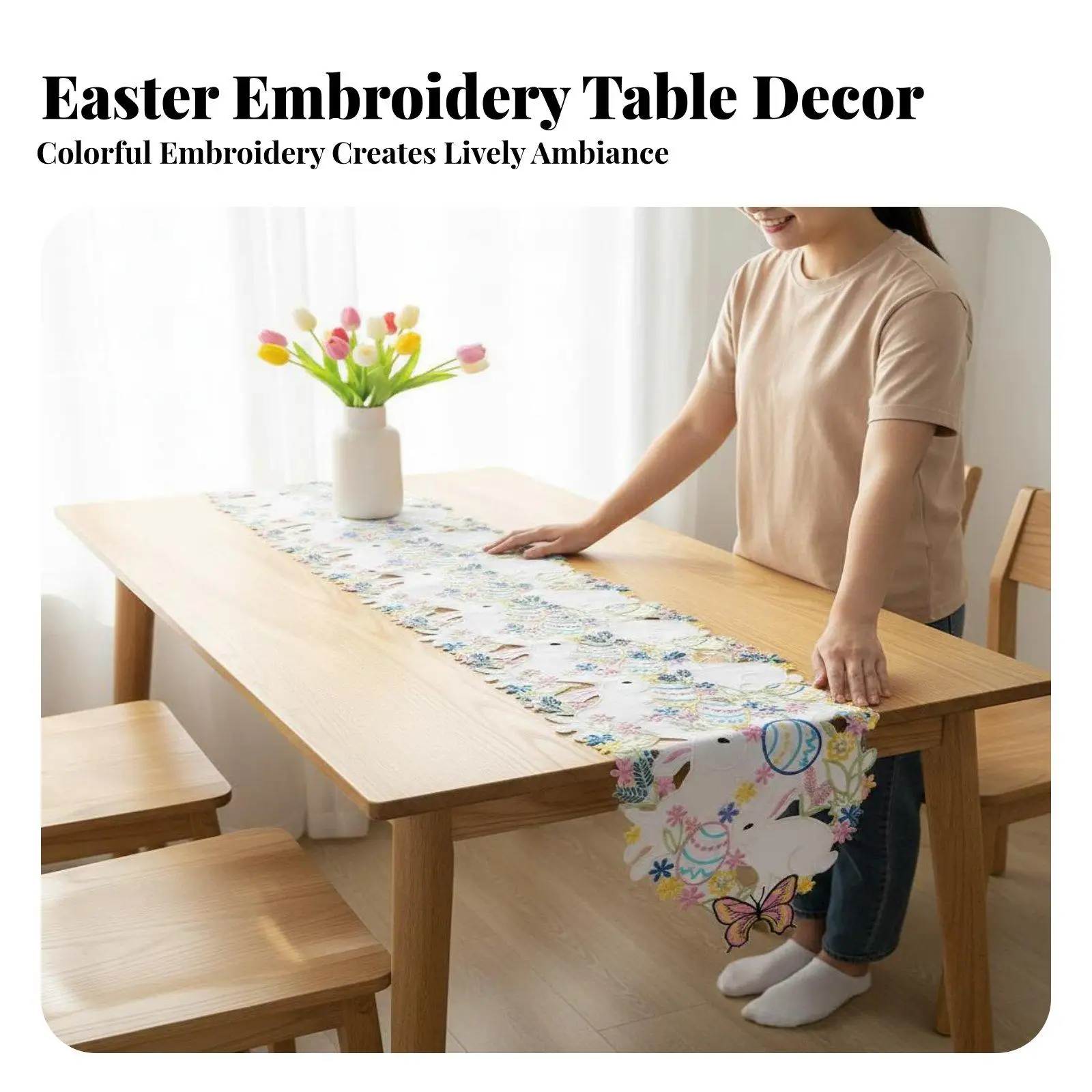 Embroidered Bunny Table Runner Cutouts Joyful Pattern Easter Placemat for Homeowners, Party Hosts, Kitchen