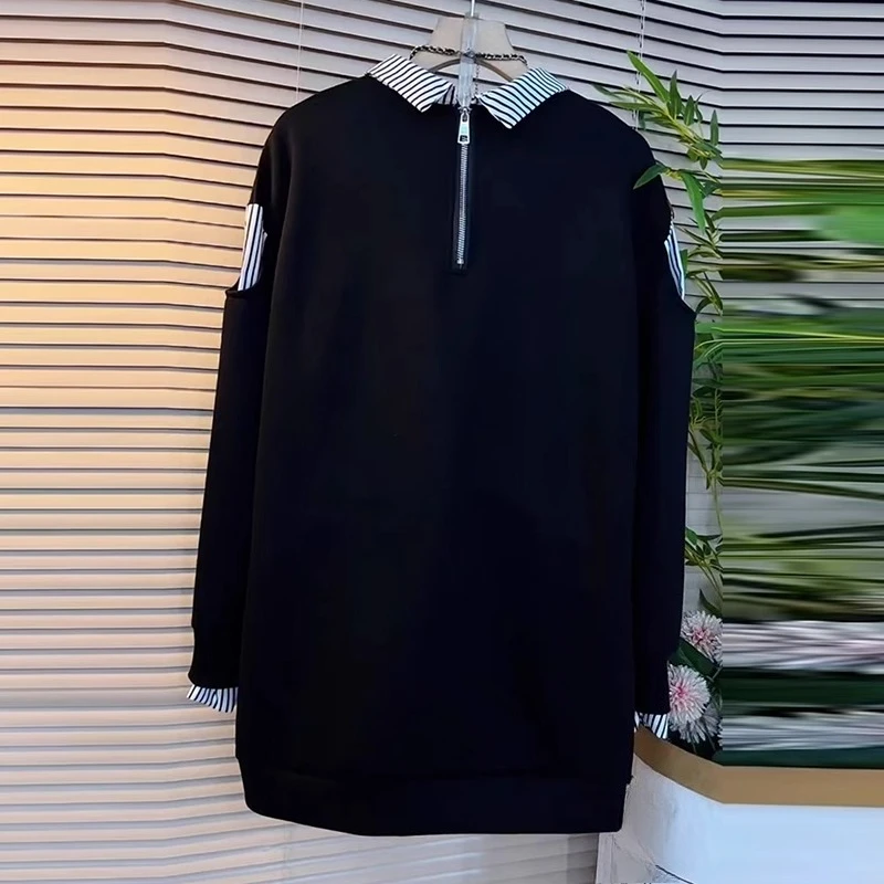 2023 Lente Herfst Nieuwe Plus Size Nep Twee Stukken Gestreepte Letter Losse Sweatshirt Mode Koreaanse Medium Lange Mouw Sweatshirts