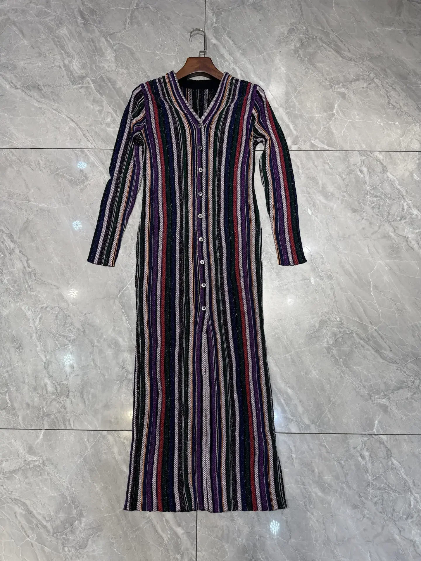 

Metallic Sequinned Women Knit Maxi Dress 2025 New Striped V-Neck Single Breasted Long Sleeve Vintage Slim Knitted Cardigan Robe
