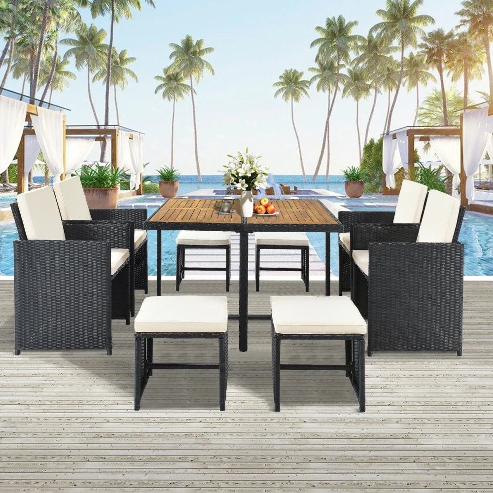 Garden Furniture Sets Patio All-Weather PE Wicker Dining Table Set with Wood Tabletop for 8, Black Rattan+Beige Cushion 9-Piece