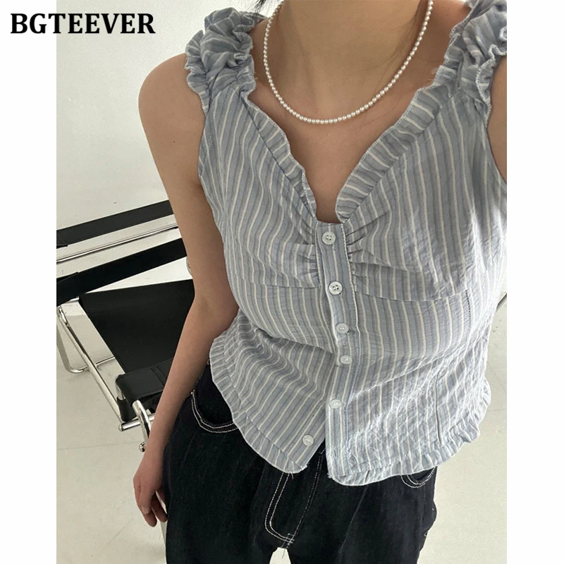 

BGTEEVER Summer Chic Ladies Slash Neck Striped Vests Shirts Casual Slim Women Single-breasted Blouses Female Sleeveless Shirts