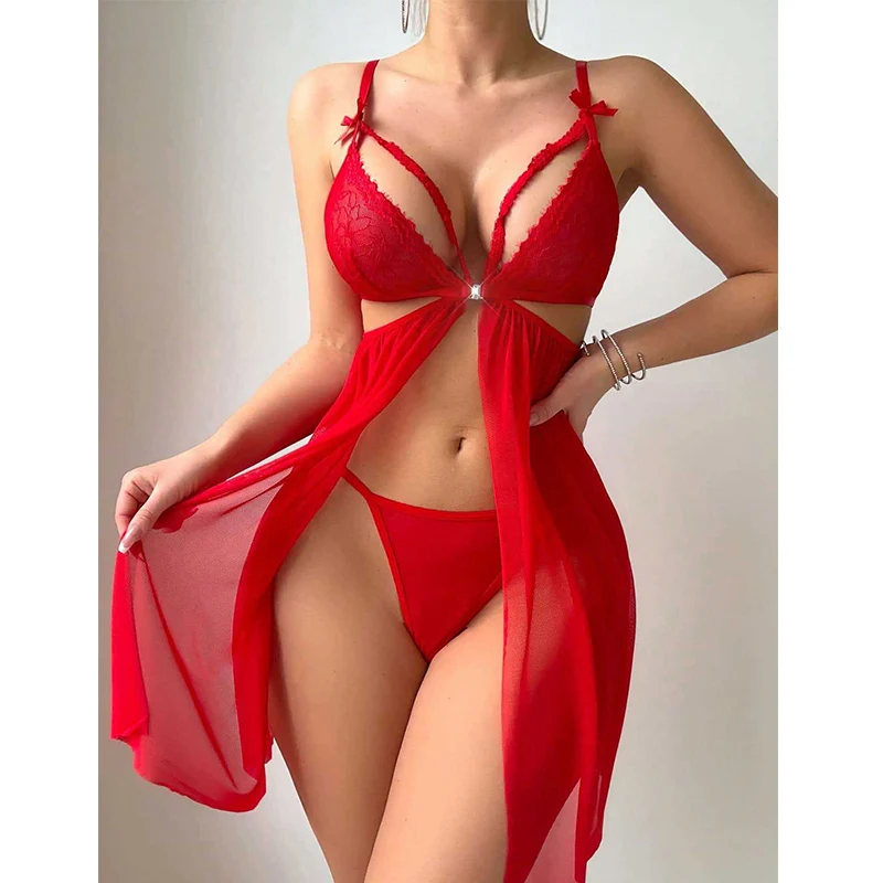 

Sexy Female Lingerie Hot Night Dress Hollow Lace Pajamas Dress Charming Mesh Suspenders Nightdress See Through Women's Nightgown