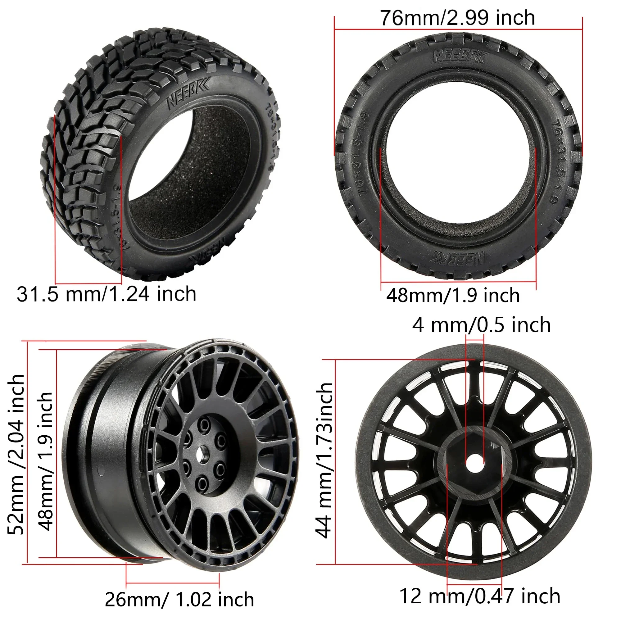 4 SZTUK NEEBRC 75mm RC Car 1.9 cala Gumowa opona Obręcz koła Piasta sześciokątna do 1/10 1/14 1/16 Off-road Climbing HSP HPI Wltoys 144001