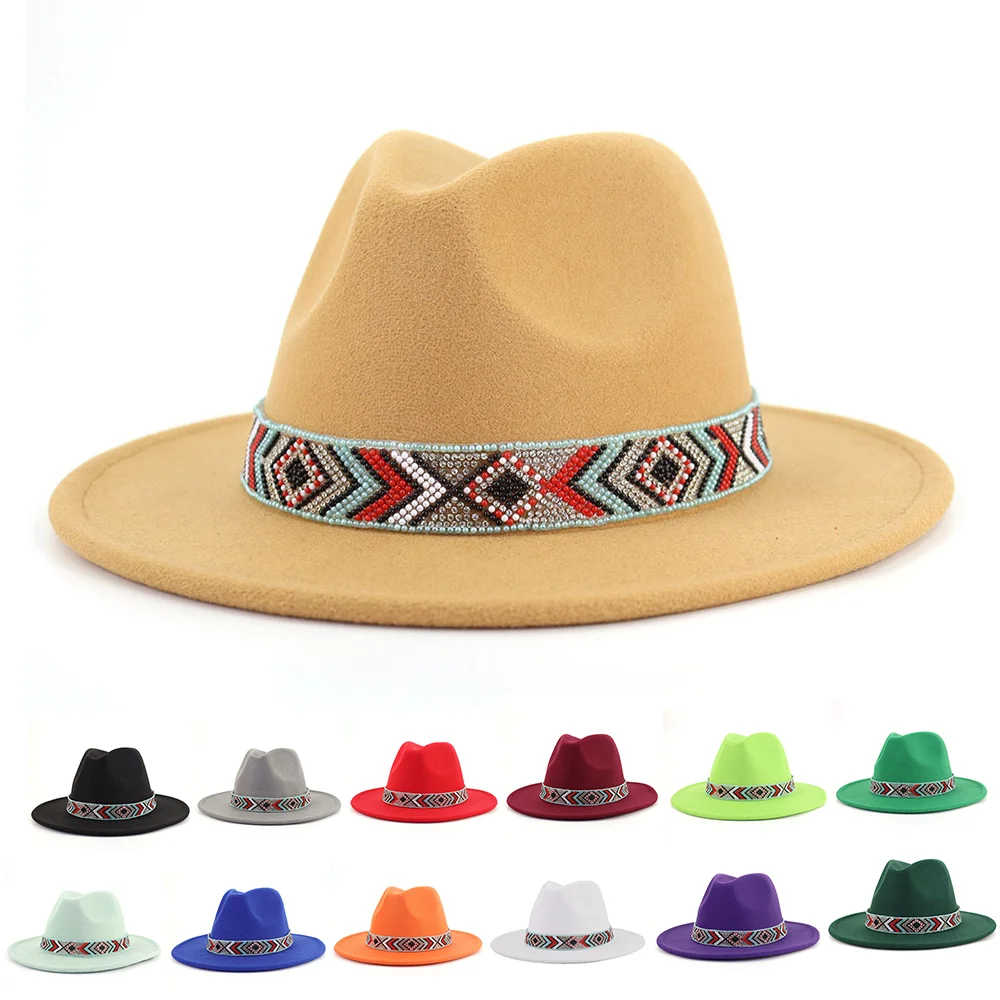 Fedora New Accessories Colorful Beads Wide Edge Jazz Hat Autumn/Winter Panama Hat Wholesale Sombrero