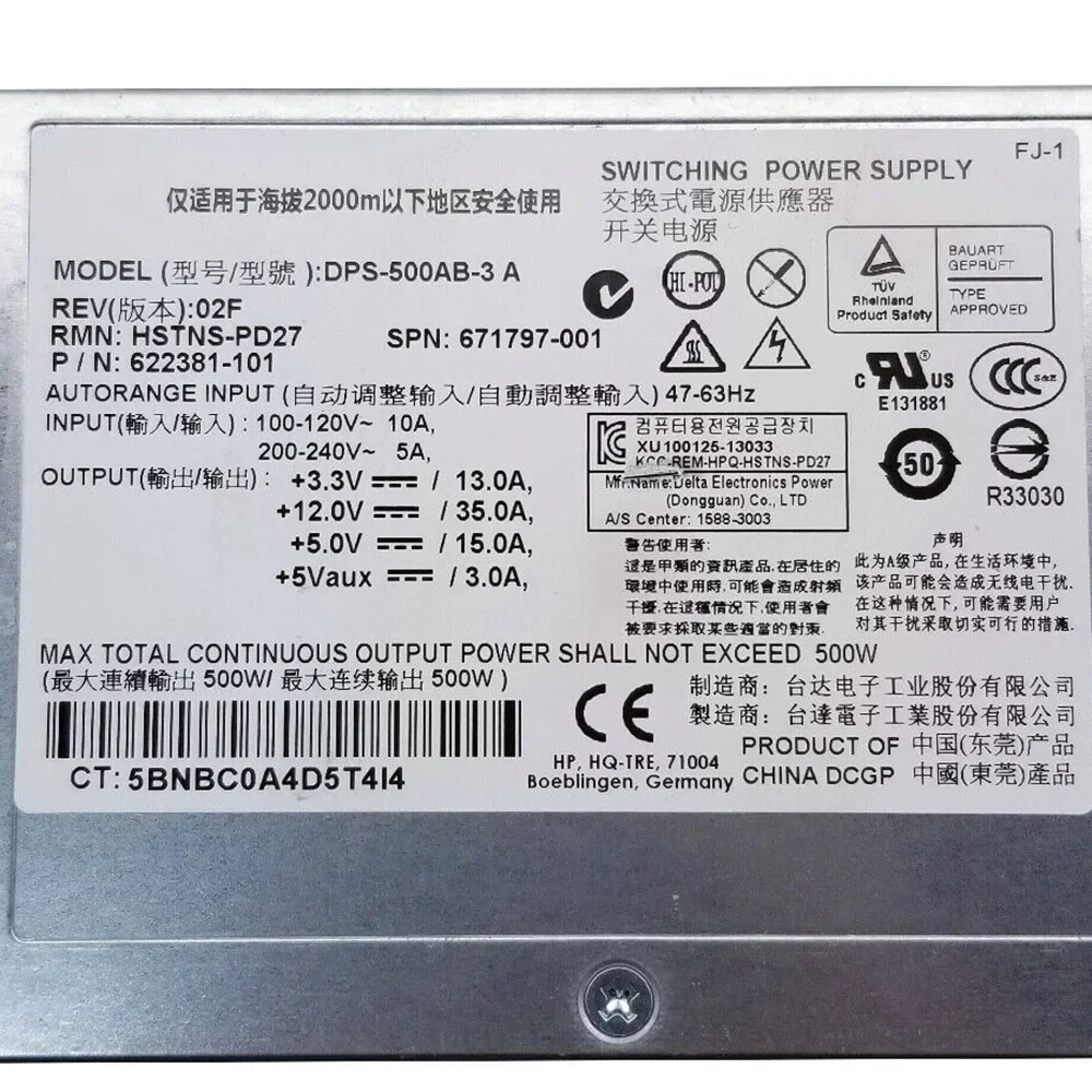 Imagem -02 - Fonte de Alimentação de Comutação Hot Plug Original 500w para o Servidor Proliant Dl160 g8 Gen8 Dps500ab3 a Hstns-pd27 671797001 622381101