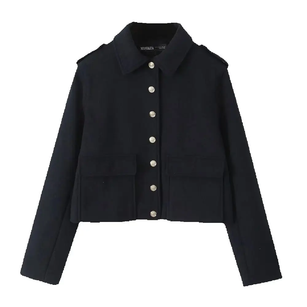 

Women's Soft Loose Top with Collar Long Sleeve Shoulder Badge Button Pocket Autumn/Winter New Warm Coat