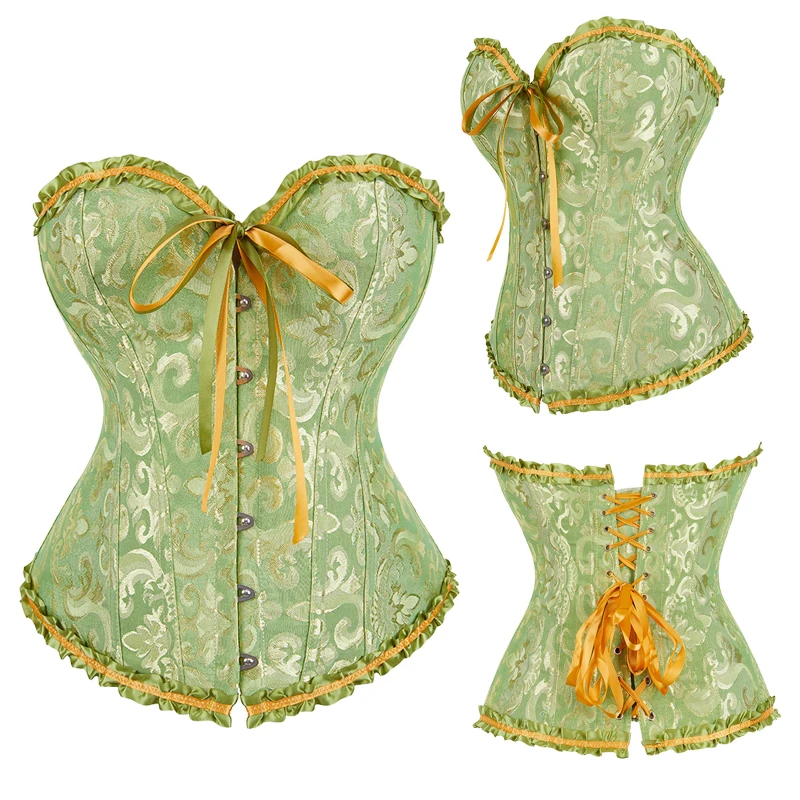 Jacquard Overbust Corset Floral Waist Bustier Top Basques Lace Up Corselet Body Shaper Korset