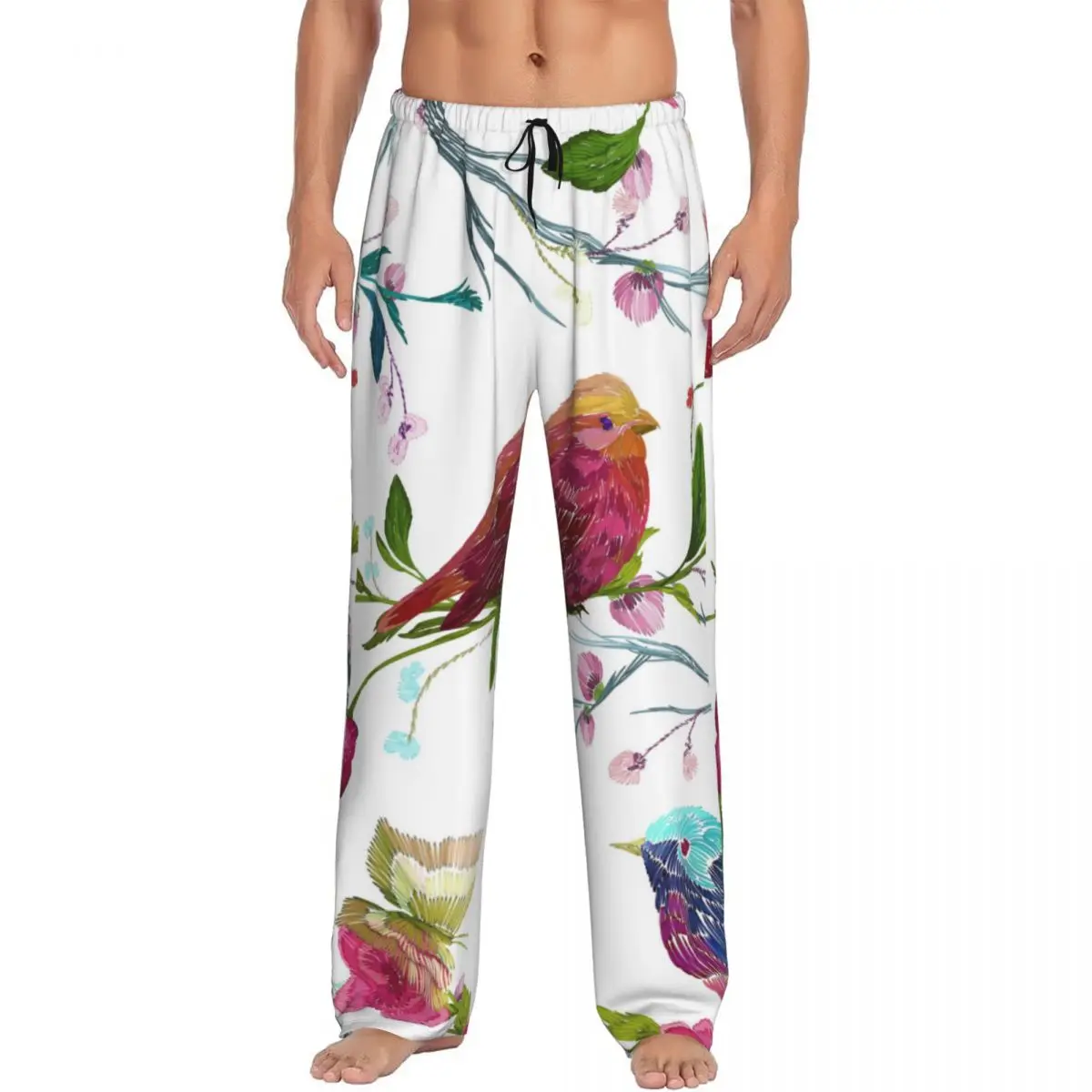 Watercolor Butterfly Flower Leaf Tree Branch Pajama Pants Sleepwear for Men Elastic Waistband Sleep Lounge Bottoms with Pockets