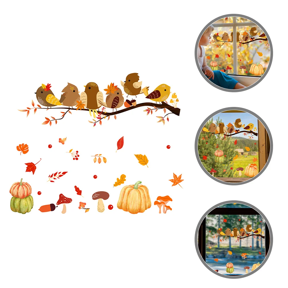 Golden Branch Bird Maple Leaf Pumpkin Wall Sticker Window Glass Electrostatic Double-sided Visual Pvc Thanksgiving Decor