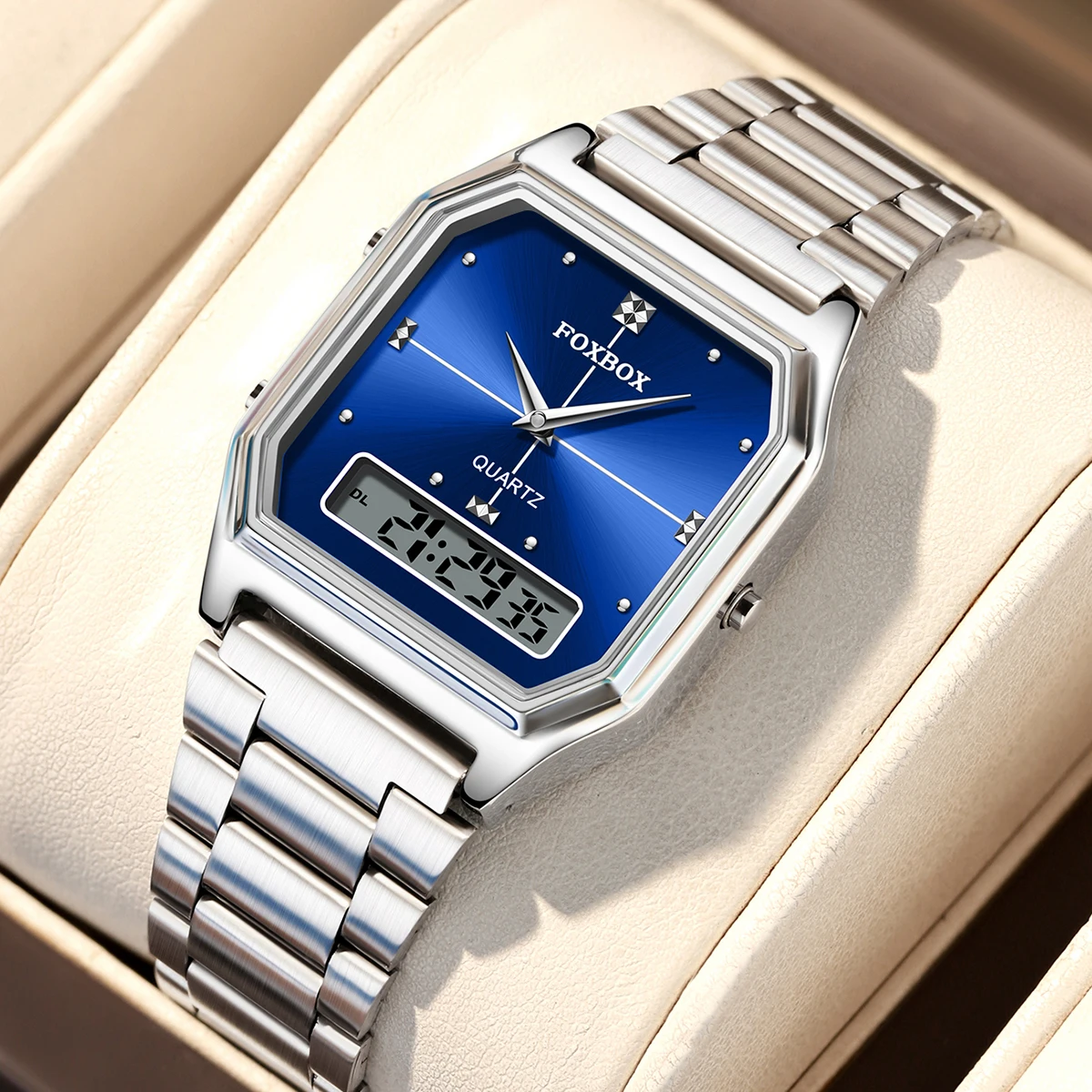 FOXBOX Luxury Quartz Watches for Woman Square Steel Waterproof Double Time Sport Leisure Digital Girl Wristwatches Women Clock