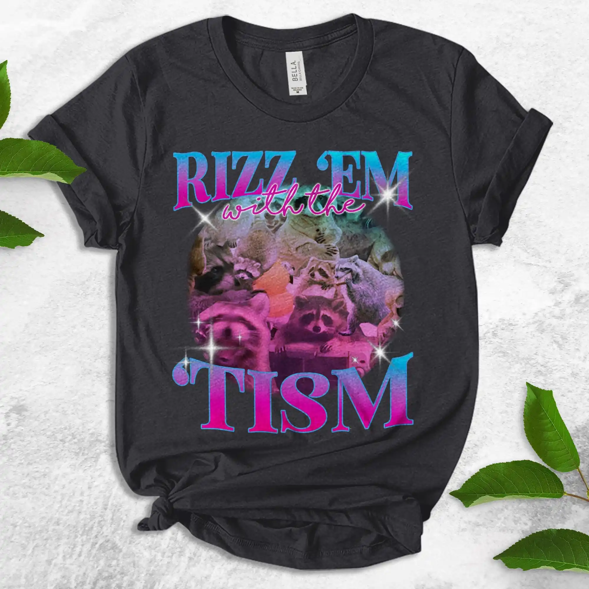 Rizz Em With The Tism Retro T Shirt Vintage Funny Raccoon Autism Awareness Meme Relaxed Soft Cotton UMWK06