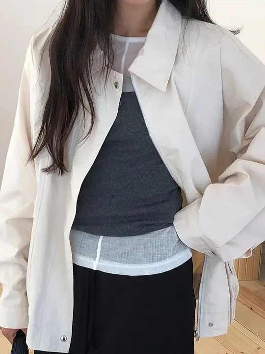 

Chic Autumnal Women's Loose Casual Coat Vintage Faion Collar Open Front Jaet Outerwear Trendy Commute Sle Zipper Closure