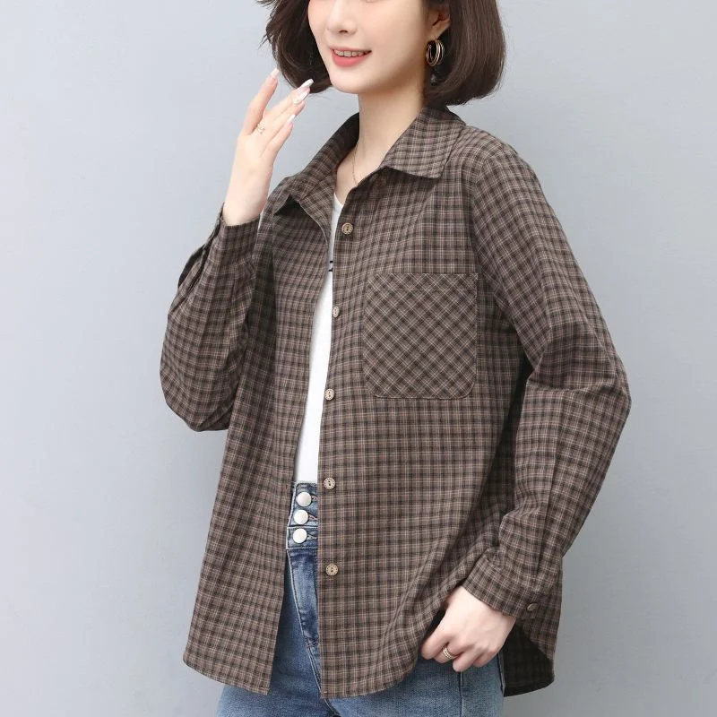 

Women's New Spliced POLO Collar Button Plaid Fashion Versatile Loose Casual Long-sleeved Shirts