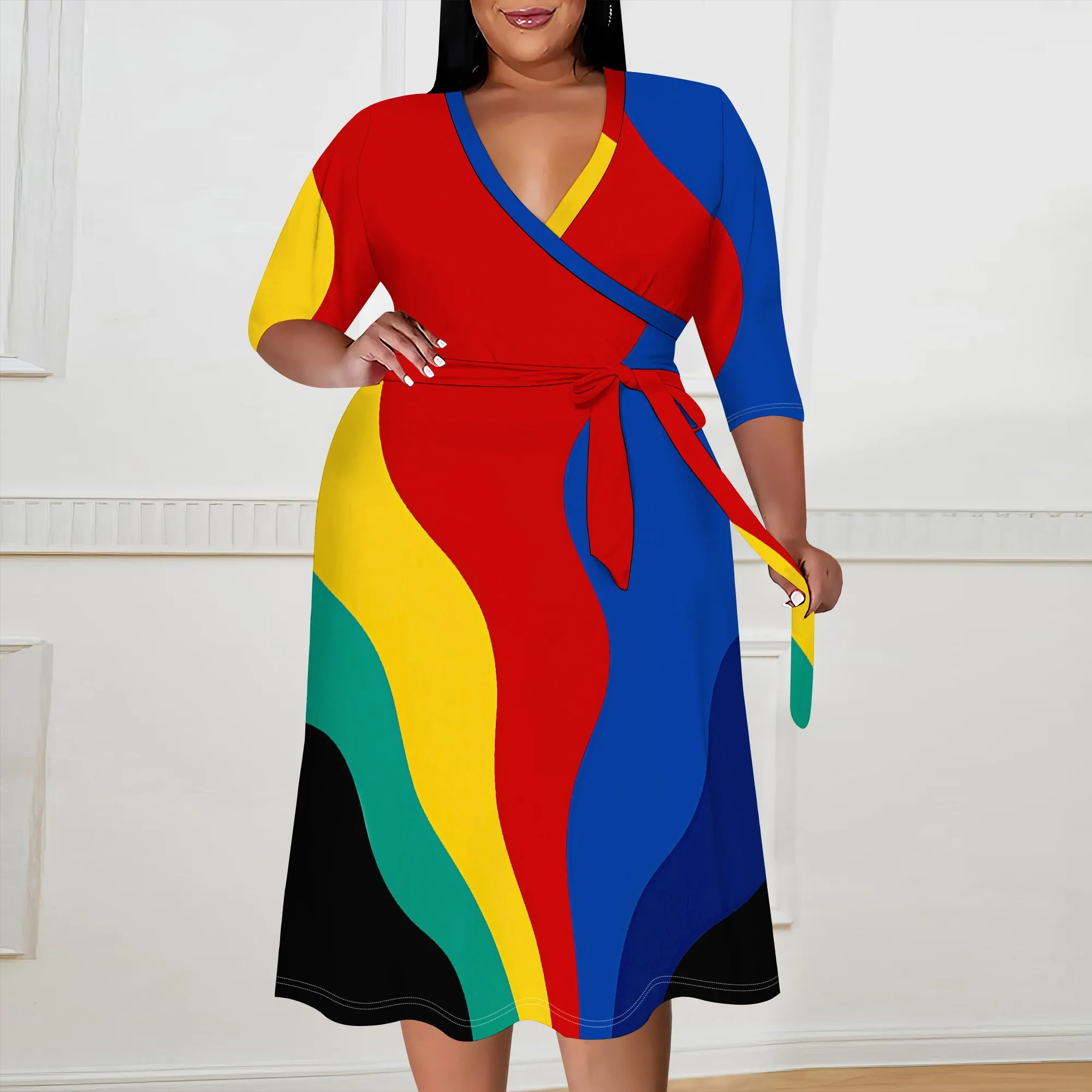 

Plus Size Pan African Color Block Wrap Dress XL-6XL V-Neck Tie Waist for Juneteenth, Afro Parade or Heritage Day