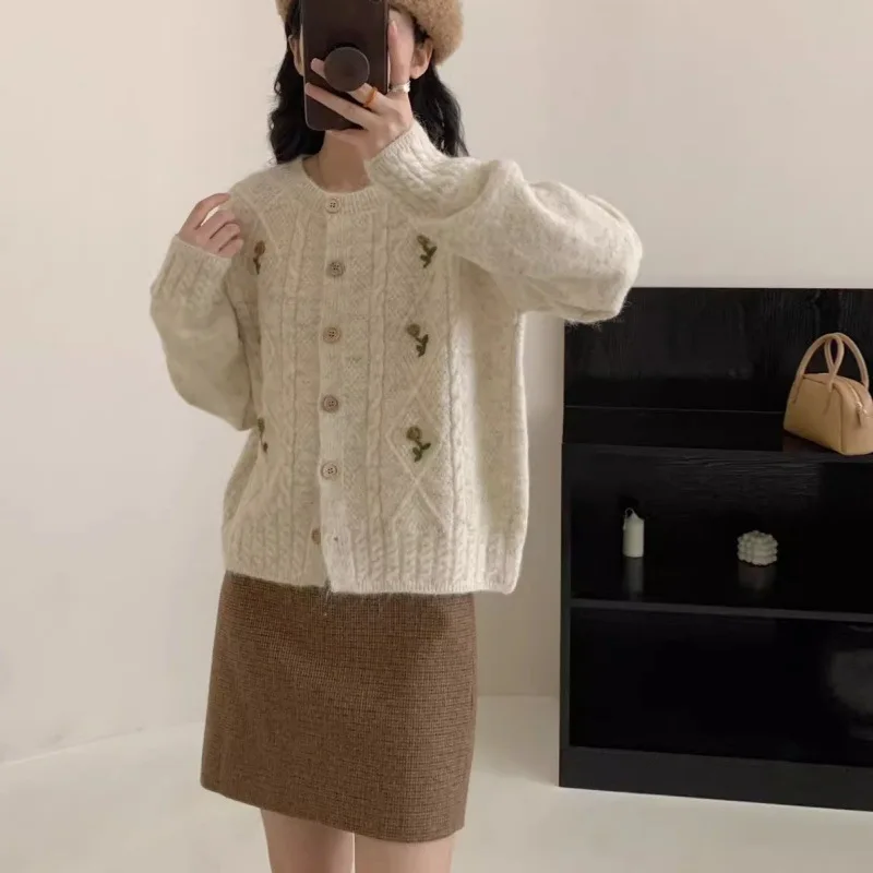 

Women's Autumn Winter New Style Youthful Versatile Casual Knitwear Soft Gentle Wind round Neck Long Sleeve Knitted Open Cardigan