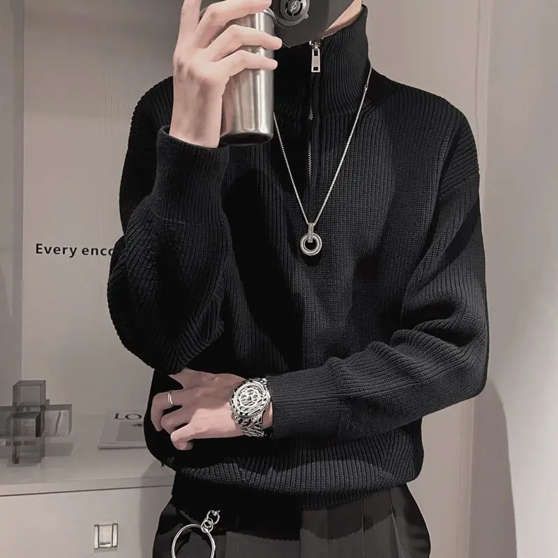 Fashion Turtleneck Spliced All-match Zipper Sweater Men's Clothing 2023 Winter New Oversized Casual Pullovers Loose Korean Tops