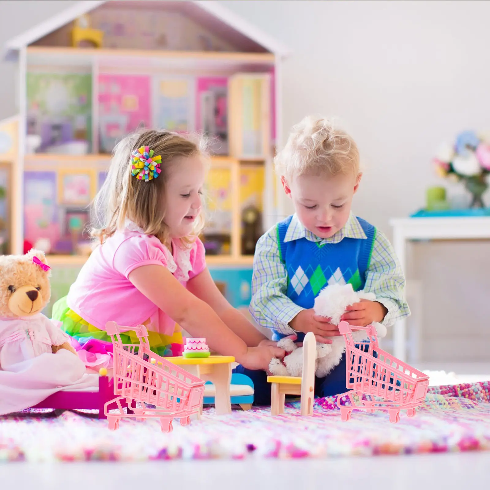 

2Pcs Mini Trolley Cart Colorful Small Storage Basket Pretend Play Desktop Sundries Organizer Mini Shopping Cart