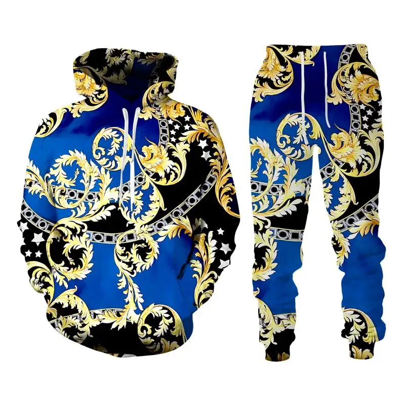 Men\'s Hoodie Set Baroque Style Sweatsuit 3D Printed Crown Golden Chain Hoodie Sweatsuit Casual Men\'s Pullover Tracksuit Set