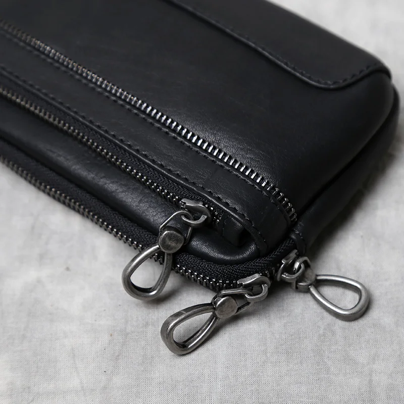 Herren-Gürteltasche aus echtem Leder, horizontal, für Mobiltelefone, Retro-Stil, Oberschicht aus Rindsleder, schlicht, lässig, mit Doppelreißverschluss, JLFGPJ – Detail 9