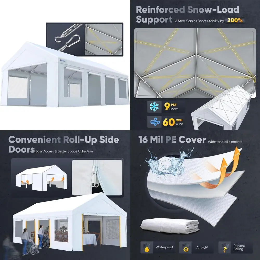 

Heavy-Duty 13x25 ft Carport with Side Zipper Doors, Snowproof Cables, Ventilated Windows, Waterproof Storage Solution