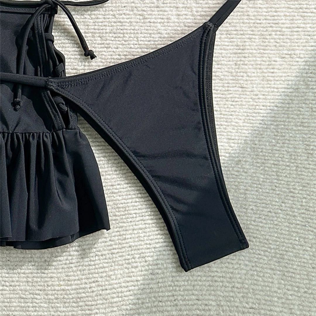 Mit Rock, 3D-Blumenmuster, Neckholder-Bikini, Damen-Badebekleidung, dreiteiliges Bikini-Set, Badeanzug mit Rüschen, Badebekleidung, Schwimmbekleidung V7442 – Detail 19